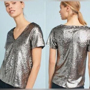 Anthropologie Vanessa Virginia Top Womens S Sequin V Neck Silver Black